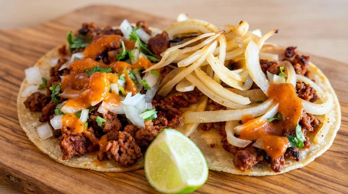 Taco al pastor with salsa, onions and a lime wedge